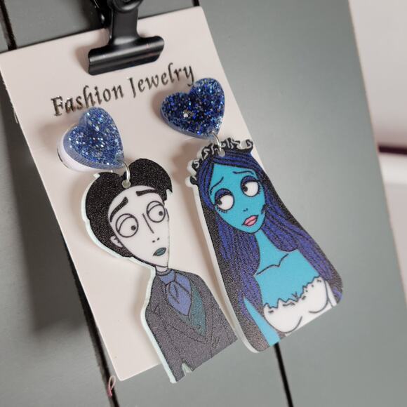 Corpse Bride Earring Victor Emily Blue Glitter Heart Dangle Fashion Jewelry 2.5" - Picture 9 of 10